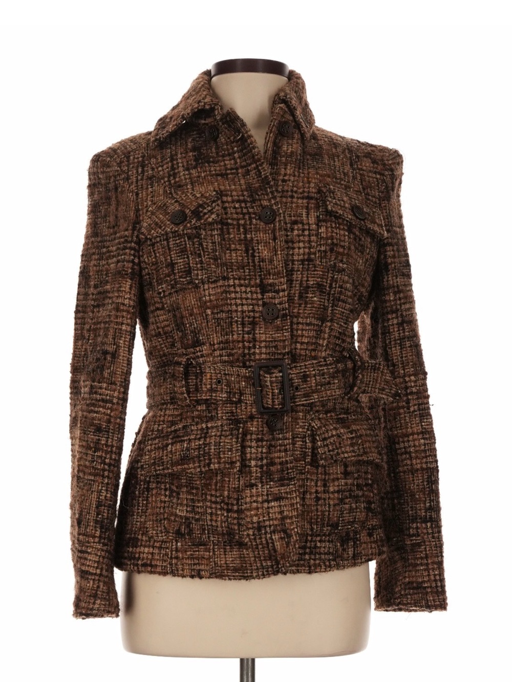 Anage Brown Tweed Self-Tie Waist Blazer Women size M